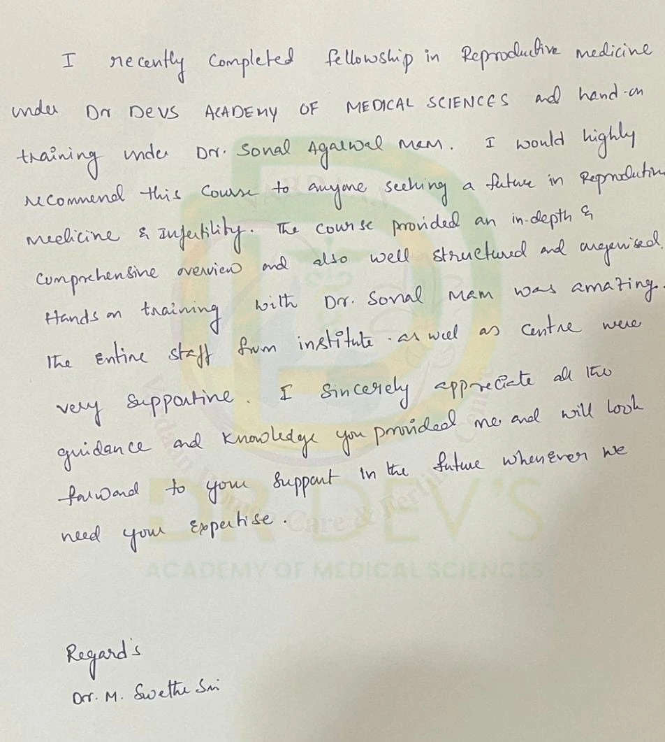 Dr Dev's academy's student hand written Review